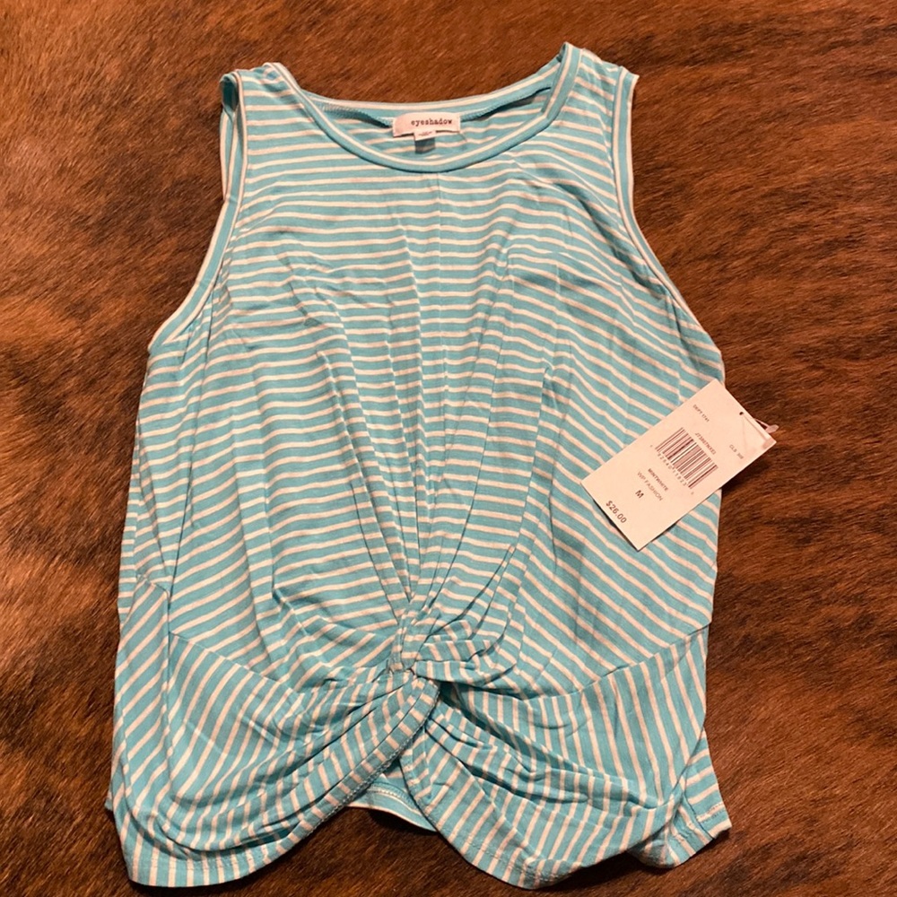 Turquoise and white striped top with twist front